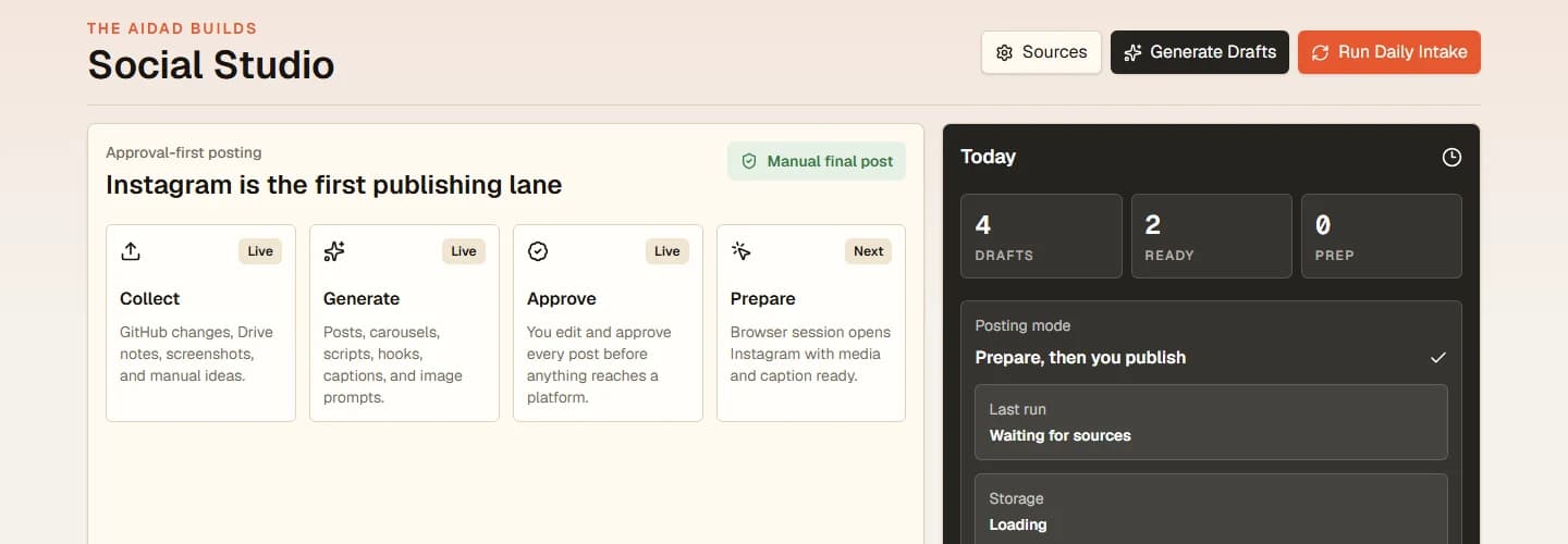 AI Dad Social Studio workspace with source signals, draft review and approval controls